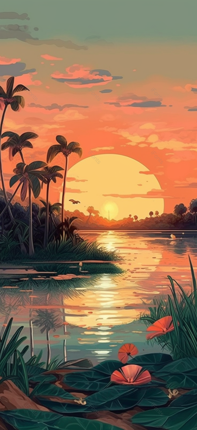 夏日湖边夕阳树木倒影,插画/手绘图,插画/手绘图库,插画/手绘图下载,插画/手绘